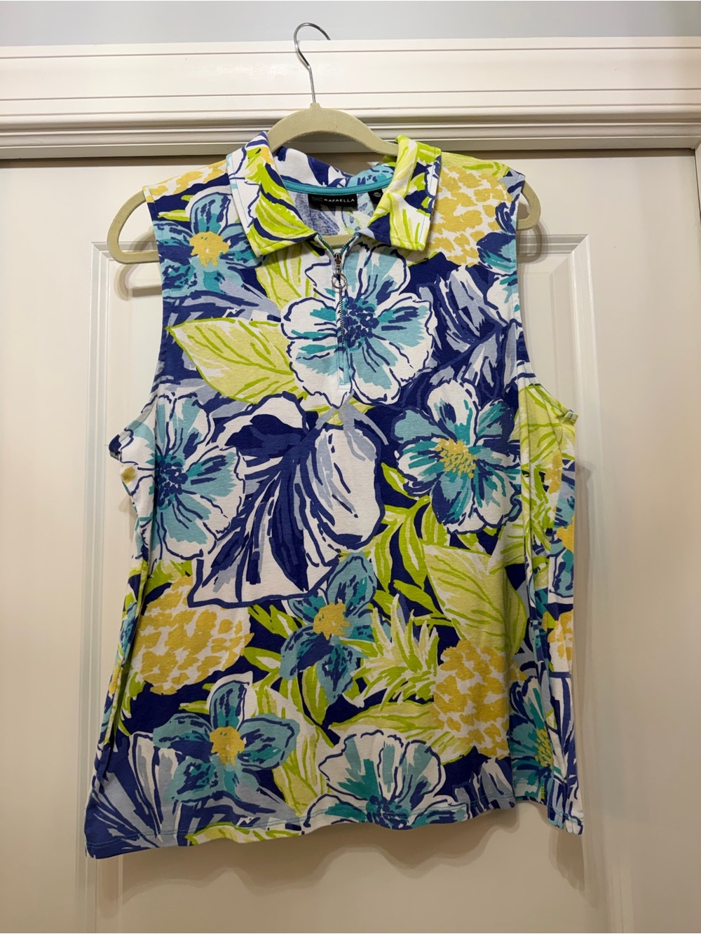 Rafaella Sleeveless Floral Zip Polo Top - Blue Multi xxl